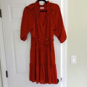 Calvin Klein Orange Ruffled Tiered V-Neck Dress